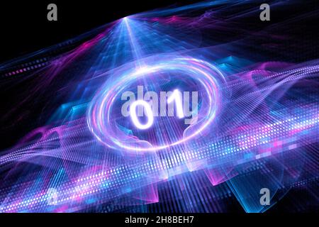 Vibrant Glowing Qubit Konzept, Quantum Computing und Verschlüsselung, Computer generierte abstrakte fraktale Illustration, 3D Rendering Stockfoto