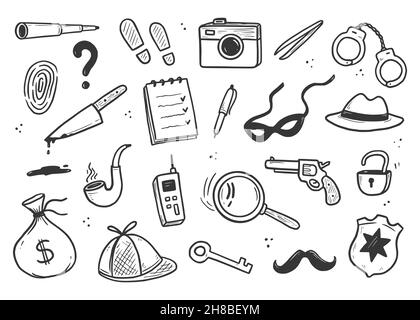 Detective Doodle Set. Handgezeichnete Skizze im Doodle-Stil. Fußabdruck, Fingerabdruck, Detektivdetektiv-Ermittlungselement. Vektorgrafik. Stock Vektor