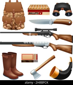 Jagdtackle und Ausrüstung Ikonen mit Gewehren Messer und gesetzt Survival Kit isolierte Vektorgrafik Stock Vektor