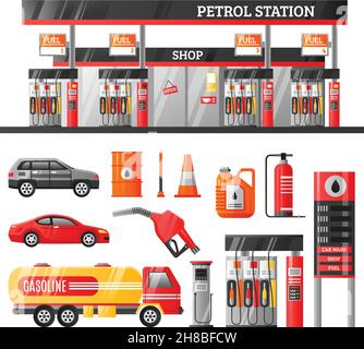 Tankstellen-Design-Konzept mit Behälterfüllpistolen-Betankungsgestellen Benzin Tanker flache Symbole isoliert Vektor-Illustration Stock Vektor