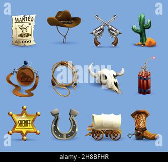 Wild West realistische Symbole mit Cowboy Hut Dynamit und gesetzt Kaktus auf blauem Hintergrund isolierte Vektordarstellung Stock Vektor