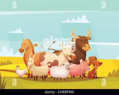 Bauernhof Tiere an sonnigen Tag in der Landschaft lustige Cartoon-Poster Mit Kuh Schwein Ziege und Schaf Vektorgrafik Stock Vektor