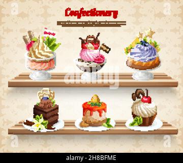 Süßwaren mit bunten Desserts und leckeren Kuchen auf Holzregalen Auf strukturierter beigefarbener Hintergrund Vektorgrafik Stock Vektor
