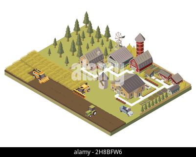 Landwirtschaftliche Gebäude landwirtschaftliche Fahrzeuge und kultivierte Felder Garten Betten und Bäume Spuren und Zaun isometrische Vektor-Illustration Stock Vektor