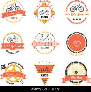 Fahrrad vintage Embleme Farbkollektion von neun isoliert dekorative Oldschool Etiketten mit Raupenrad und Kettenvektor Illustration Stock Vektor