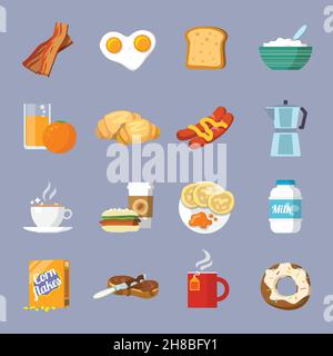 Frühstück, frische Speisen und Getränke, flache Symbole mit Eiern Brot Croissant Speck isoliert Vektor-Illustration Stock Vektor