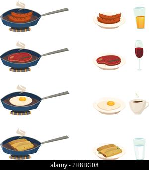Pan Set mit traditionellen Frühstücksgerichten, so wie frittierte frankfurter Pfannkuchen Fleisch Eier Vektor-Illustration Stock Vektor