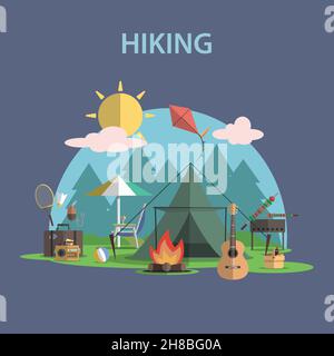 Wandern und Outdoor-Freizeitkonzept mit flachen Camping Reise-Ikonen vektorgrafik Stock Vektor