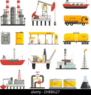 Unterschiedliche Transporte Konstruktionen und Fabriken der Ölbenzinindustrie Flachsymbole setzen isolierte Vektorillustrationen Stock Vektor