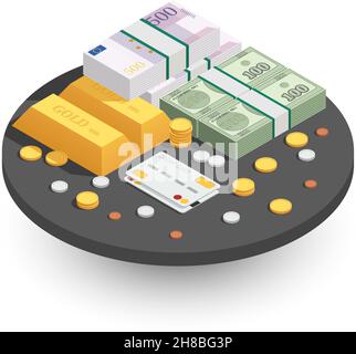 Zahlungsmethoden Runde isometrische Zusammensetzung mit Goldbarren Cash-Münzen Grüne Banknoten und Kredit bankcard Vektor Illustration Stock Vektor