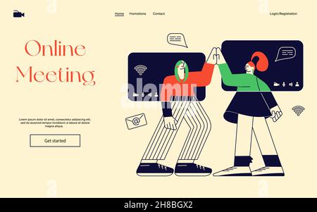 Webbanner-Vorlage mit Online-Meeting-Prozess. Szene junger Frauen grüßen sich aus der Ferne über das Internet. Flache Grafik Als Vektorgrafik Stock Vektor