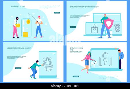 Set von Landing-Webpage-Vorlagen für Sicherheits- und vertrauliche Datenschutzkonzepte. Sicherheitsmann mit Schutzschild schützt Netzwerkdaten. Vektorgrafik Stock Vektor