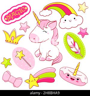 Set von niedlichen Einhörnern Sticker im Kawaii Stil. Einhorn, Regenbogen, Donut, Sternschnuppe, Bogen, Feder, Krone, Aufkleber mit Aufschrift Magic. Vektor-Abb. Stock Vektor