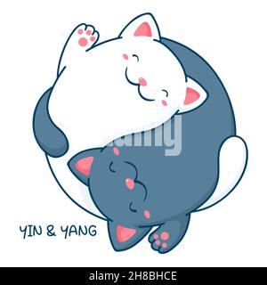 Yin Yang Katze. Zwei niedliche schwarz-weiße Katzen in Form von Yin Yang. Kann für T-Shirt-Print, Aufkleber, Grußkarten-Design verwendet werden. Vektorgrafiken Stock Vektor