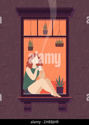 Mädchen am Fenster mit Kaffee. Windows Person genießen trinken Kaffee Tee Tasse einsame Zeit, Cartoon-Vektor-Illustration Stock Vektor