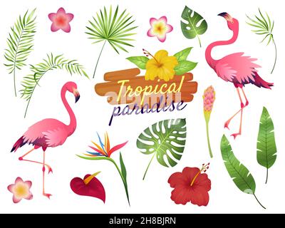 Tropische Flamingos. Rosa Flamingo Dschungel Blumen Palmen Blätter, Natur, Sommerstrand, niedliche exotische Pflanzen Flora Cartoon Stock Vektor