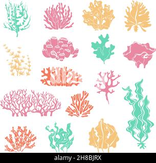 Silhouetten von Algen und Korallen. Ozeanriffkorallen, Unterwasserpflanzen und Aquarien Kelp. Tiefseetang Stock Vektor