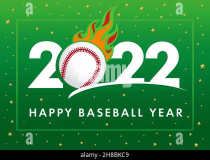 Happy Baseballjahr 2022, grünes Webbanner. Vector Neujahrskarte Design für Sportteam oder Meisterschaft Poster. Turnierschilder mit Ball in Flammen Stock Vektor