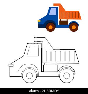 Malbuch, Farbe auf dem Modell eines Kinder-Karikatur-Auto Kipper. vektor isoliert auf einem weißen Hintergrund Stock Vektor