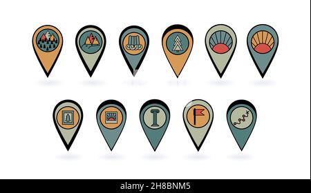 Sammlung von Markierungen für die Karte. Zeiger für den Standort der Reiseziele. Für die Navigation in der Anwendung erstellen einer Route. Sehenswürdigkeiten Stock Vektor