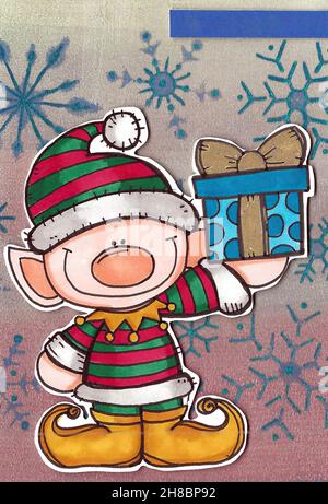 Weihnachtself mit Geschenkbox. Dreidimensionale Weihnachtsillustration, selektiver Fokus mit Platz zum Schreiben. Frohe Weihnachten Weihnachtskarte. Stockfoto