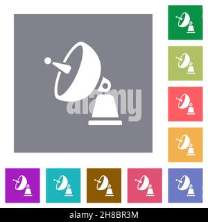 Flache Symbole der Satellitenantenne auf einfachen farbigen quadratischen Hintergründen Stock Vektor