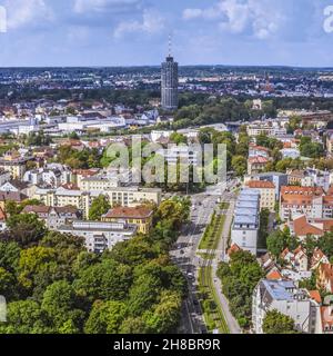 Luftaufnahme in die Region rund um das Rote Tor in Augsburg, schwäbische Kreishauptstadt Stockfoto