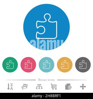 Ein Puzzleteil umreißt flache weiße Symbole auf runden farbigen Hintergründen. 6 Bonus-Symbole enthalten. Stock Vektor