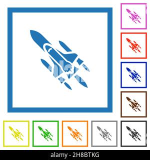 Space Shuttle mit Flach-Farbsymbolen in quadratischen Rahmen auf weißem Hintergrund Stock Vektor