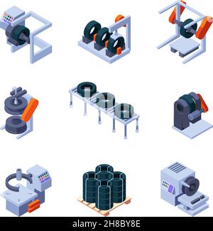 Reifen machen. Isometrischer Techniker verarbeitet Maschinen Stahlindustrie Reifen Produktionstechnologie grellen Vektor intelligente Dienstleistungen Stock Vektor