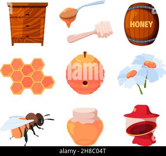 Bienenbilder. Honig Bienenwachs Waben und Bienen Blumen Nektar gesunde natürliche Honigprodukte grellen Vektor Illustrationen Set Stock Vektor