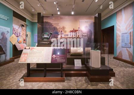 Ausstellung, Ausstellungen über das tägliche Leben in der Unterkunft. Im Anwesen von Präsident George Washington, Mount Vernon, in Virginia in der Nähe von Washington DC. Stockfoto
