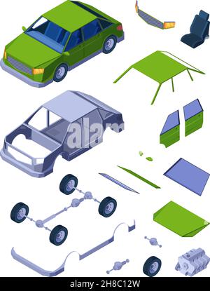 Isometrische Autoteile. Auto Service detaillierte Werkzeuge mechanische Teile Sammlung für Reparatur Fahrzeuge Räder Getriebe Motor Tränen Türen grellen Vektor 3D Stock Vektor