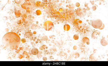 Gelbe Luftblasen im Wasser auf weißem Hintergrund. Wasser Blase Tropfen Hintergrund Champagner Gas transparent unter Wasser. Soda Texture 3D Render Stockfoto