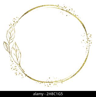 Goldener Folienrahmen in Kreisform. Blumenabbildungen in Goldfolie isoliert auf Weiß. Realistische runde Vorlage für Logo, Hochzeit, Grußkarten Stockfoto