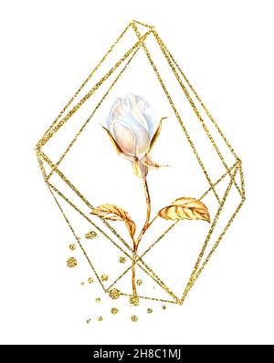 Aquarell-Rose mit goldenem Glitzer-Rahmen. Realistisches Poster mit weißer Blume und Glitter-Folie. Botanische florale Illustration für modernen Boho Stockfoto