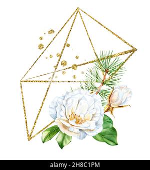 Aquarell-Weihnachtsstrauß mit Rosenblüte und goldenem Glitzerrahmen. Realistische Anordnung mit Kiefer und Glitter-Folie. Botanisch geblümt Stockfoto