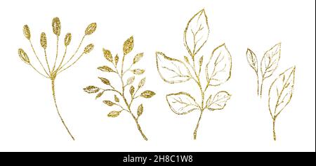 Zweige, Blätter und Beeren in glänzender Folie. Goldene Glitzer-Blumenelemente. Botanische Blumenschmuck mit Illustrationen für moderne Boho-Blumensträuße, Hochzeit Stockfoto