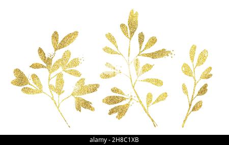 Goldene Glitzer-Blumenelemente. Set aus Fikuszweigen und Blättern in glänzender Folie. Botanical floral Illustration für moderne Boho Blumensträuße, Hochzeitskarten Stockfoto