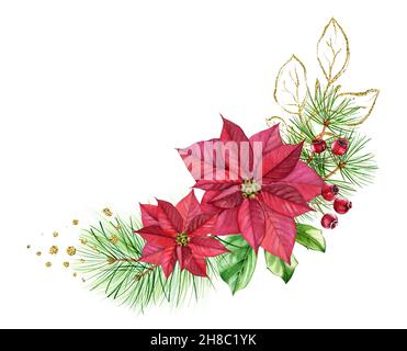 Aquarell-Bouquet mit roten Weihnachtssternen, goldenen Glitzerfloralen. Weihnachtsbogen mit Kiefer und Glitter-Folie. Botanische Blumendarstellung für Stockfoto
