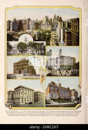 STADTVERWALTUNG. ( 1 ) City Hall Park, Blick nach Süden auf den Broadway. (2) Rathaus, Regierungssitz des Großraums New York, gegründet 1624, gechartert 1653, 326,9 Quadratmeilen, 4.711.956 Einwohner, Und Borough of Manhattan, 21,9 Quadratmeilen, 2.417.917 Einwohner; gebaut 1803 - 12. (3) Borough Hall, Brooklyn, wurde 1834 gegründet und mit New York 1898, 77,6 Quadratmeilen, 1.586,934 Einwohner, konsolidiert. (4) BOROUGH Hall, Queens, 129,5 Quadratfuß (5) Borough Hall, Bronx, 40,7 Quadratfuß (6) Borough Hall, Richmond, 57,2 Quadratmeilen aus dem Buch "King's colour-graphen of New York City", das 1910 von M. King, inc. In New York veröffentlicht wurde Stockfoto