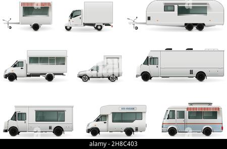 Food Trucks realistische Sammlung von isolierten Automobil-Bilder mit Anhänger LKW und verschiedene Karosserie-Design-Vektor-Illustration Stock Vektor
