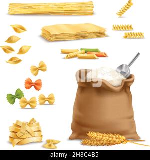 Set von realistischen Symbolen mit Nudeln, Weizen Spikelets, Sack Mehl mit Metall Schaufel isoliert Vektor-Illustration Stock Vektor