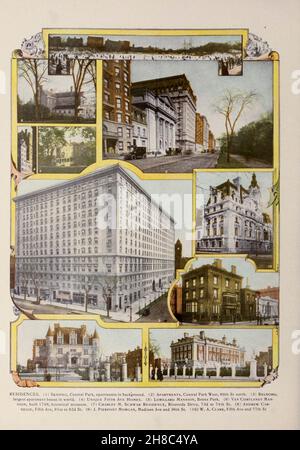 RESIDENZEN. ( 1 ) Schlittschuhlauf, Central Park, Wohnungen im Hintergrund. (2) Apartments, Central Park West, 69th St North. (3) Belnord, größtes Mehrfamilienhaus der Welt. (4) Einzigartige Fifth Ave Häuser. (5) Lorillard Mansion, Bronx Park. (6) Van Cortlandt Mansion, erbaut 1 748, historisches Museum. (7) Charles M. Schwab Residence, Riverside Drive, 73d bis 74th St. (8) Andrew Car- negie, Fifth Ave, 91st bis 92d St. (9) J. Pierpont Morgan, Madison Ave und 36th St. (10) W. A. Clark, Fifth Ave und 77th St. aus dem Buch "King's colour-graphen of New York City" Veröffentlicht in New York von M. King, inc. Im Jahr 1910 Stockfoto