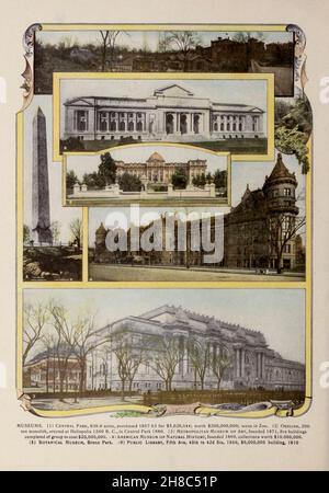MUSEEN. (1) Central Park, 839,9 Hektar, 1857 63 für 5.028.844 US-Dollar gekauft; im Wert von 200.000.000 US-Dollar; Szene im Zoo. (2) Obelisk, 200 Tonnen Monolith, errichtet in Heliopolis 1500 v. Chr., im Central Park 1880. (3) Metropolitan Museum of Art, gegründet 1871, fünf Gebäude der Gruppe abgeschlossen, um 20.000.000 Dollar zu kosten. ,4) American Museum of Natural History, gegründet 1869, Sammlungen im Wert von 10.000.000 Dollar. (5) Botanisches Museum, Bronx Park. (6) Public Library, Fifth Ave, 40th to 42D Sts, 1849, $6.000.000 Building, 1910 aus dem Buch "King's colour-graphen of New York City" Veröffentlicht in New York von M. King, inc. Im Jahr 1910 Stockfoto
