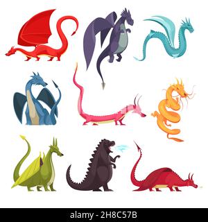 Lustige bunte Feuer atmen Drachen Monster seltsame Schlange wie Kreaturen Flache Cartoon-Symbole setzen isolierte Vektor-Illustration Stock Vektor
