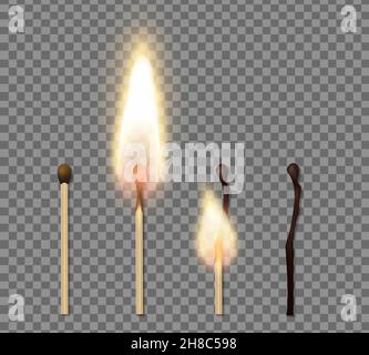 Realistisches Match Stick Flame Icon Set mit vier Schritten von Abbildung des Vergleichsvektors wird gebrannt Stock Vektor