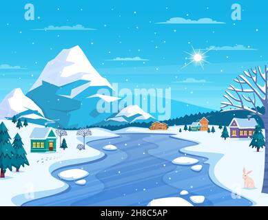 Winterlandschaft und Stadt mit Bergen und gefrorenen Fluss flach vektorgrafik Stock Vektor