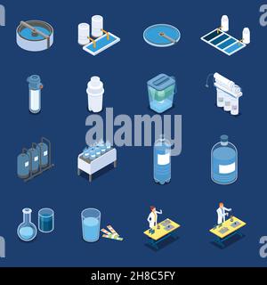 Wasserreinigungssysteme isometrische Symbole mit industriellen Reinigungsanlagen und Startseite Filter blauen Hintergrund isoliert Vektor Illustration Stock Vektor