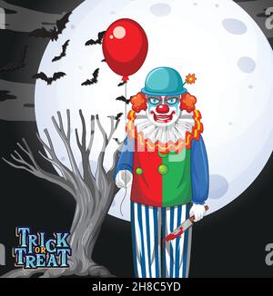 Scary Clown hält Ballon auf Vollmond Hintergrund Illustration Stock Vektor